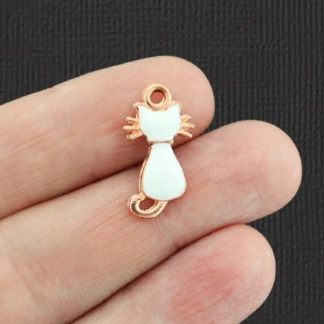 4 White Cat Rose Gold Tone Enamel Charms - E920