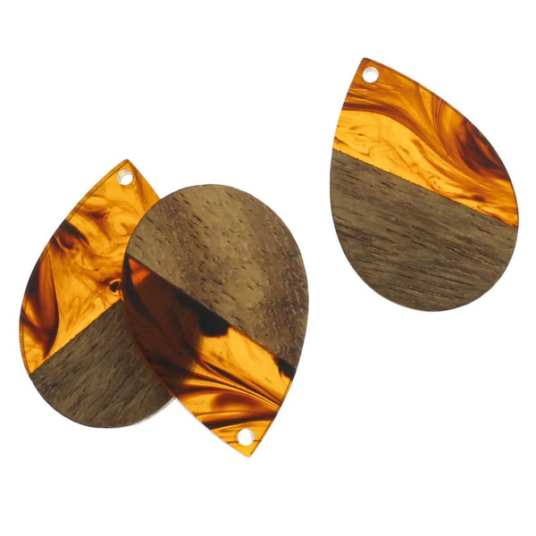 Teardrop Natural Wood and Brown Swirl Resin Charm 35mm - WP313