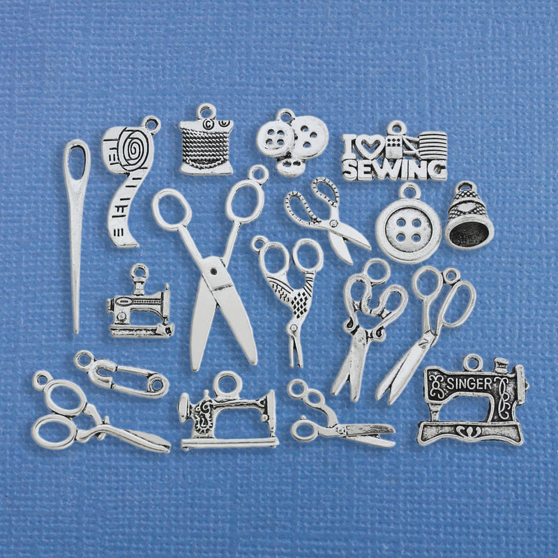 Deluxe Sewing Charm Collection Antique Silver Tone 18 Charms - COL246