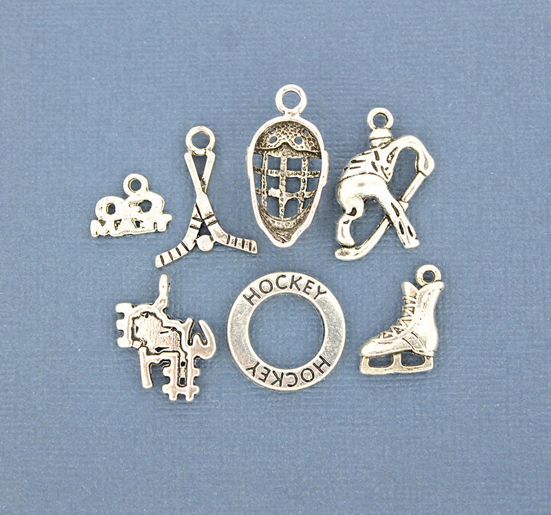 Hockey Charm Collection Antique Silver Tone 7 Different Charms - COL069