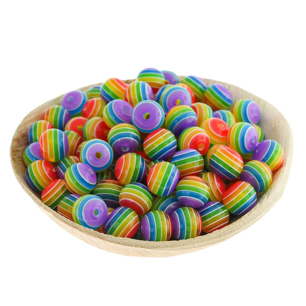 Round Acrylic Beads 10mm - Rainbow Stripe - 40 Beads - BD1083