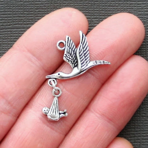 4 New Baby Stork Antique Silver Tone Charms - SC1946