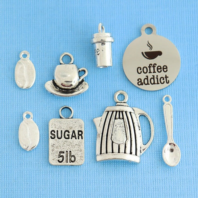 Coffee Charm Collection Antique Silver Tone 8 Different Charms - COL317