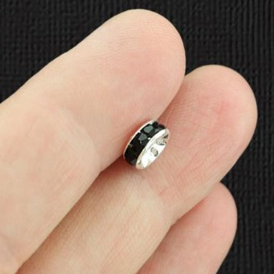 Rondelle Spacer Beads 7mm x 3.3mm - Silver Tone with Inset Black Rhinestones - 25 Beads - SC6373