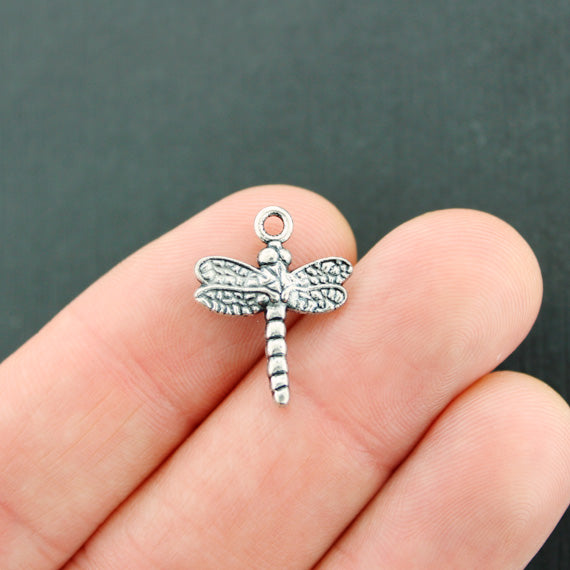 6 Dragonfly Antique Silver Tone Charms 2 Sided - SC228