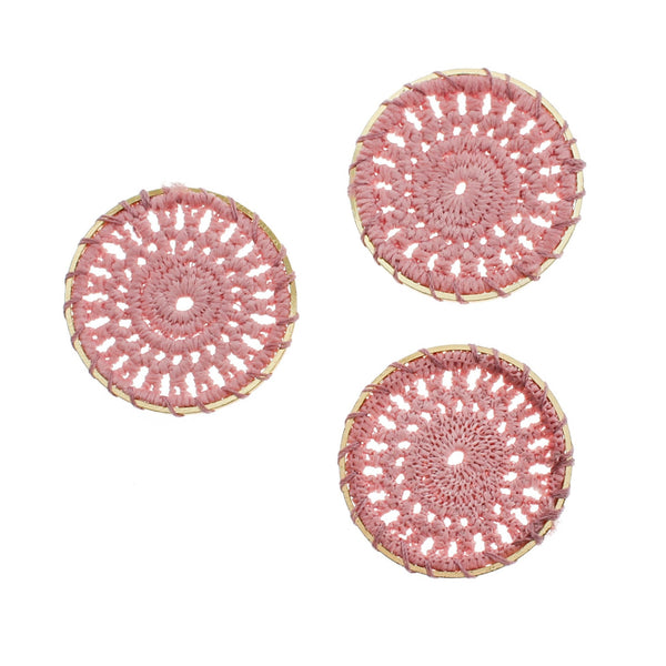 4 pendentifs en dentelle tissée rose clair dorés - TSP218-H