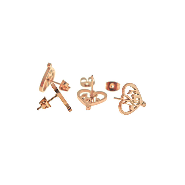 Rose Gold Tone Stainless Steel Earrings - Music Note Heart Studs - 13mm - 2 Pieces 1 Pair - ER813