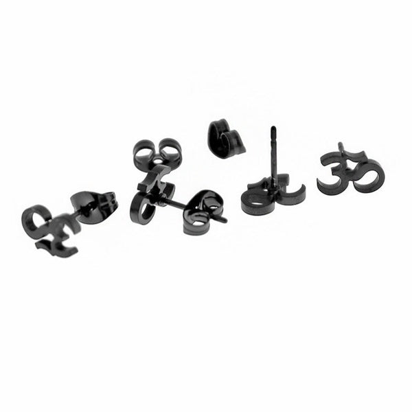 Gunmetal Black Stainless Steel Earrings - Om Studs - 8mm x 6mm - 2 Pieces 1 Pair - ER462