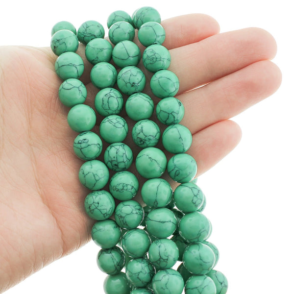 Round Glass Beads 10mm - Green Marble - 1 Strand 82 Beads - BD2727