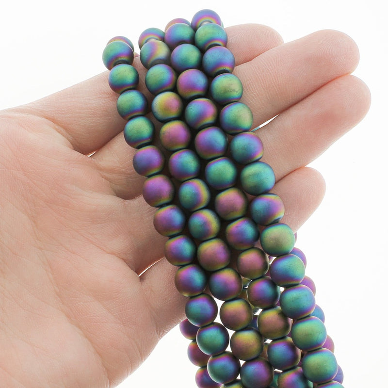 Round Glass Beads 8mm - Frosted Electroplated Rainbow - 1 Strand 63 Beads - BD1404