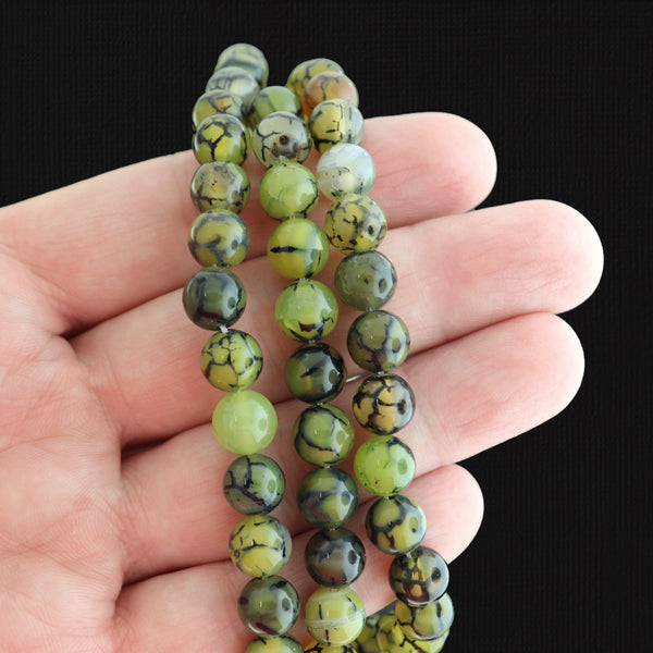 Perles rondes en agate naturelle 8 mm - Vert olive - 1 rang 24 perles - BD1708