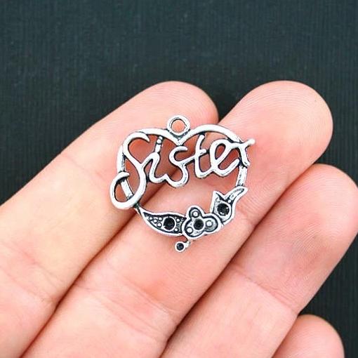 6 Sister Heart Antique Silver Tone Charms - SC3475