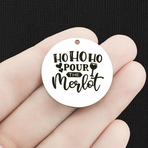 Christmas Wine Stainless Steel 30mm Round Charms - Ho ho ho pour the merlot - BFS010-6405
