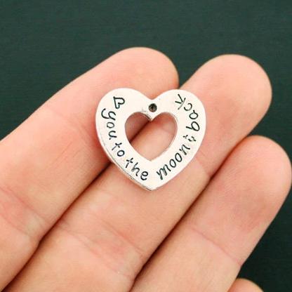 2 Love You to the Moon and Back Heart Antique Silver Tone Charms - SC6224