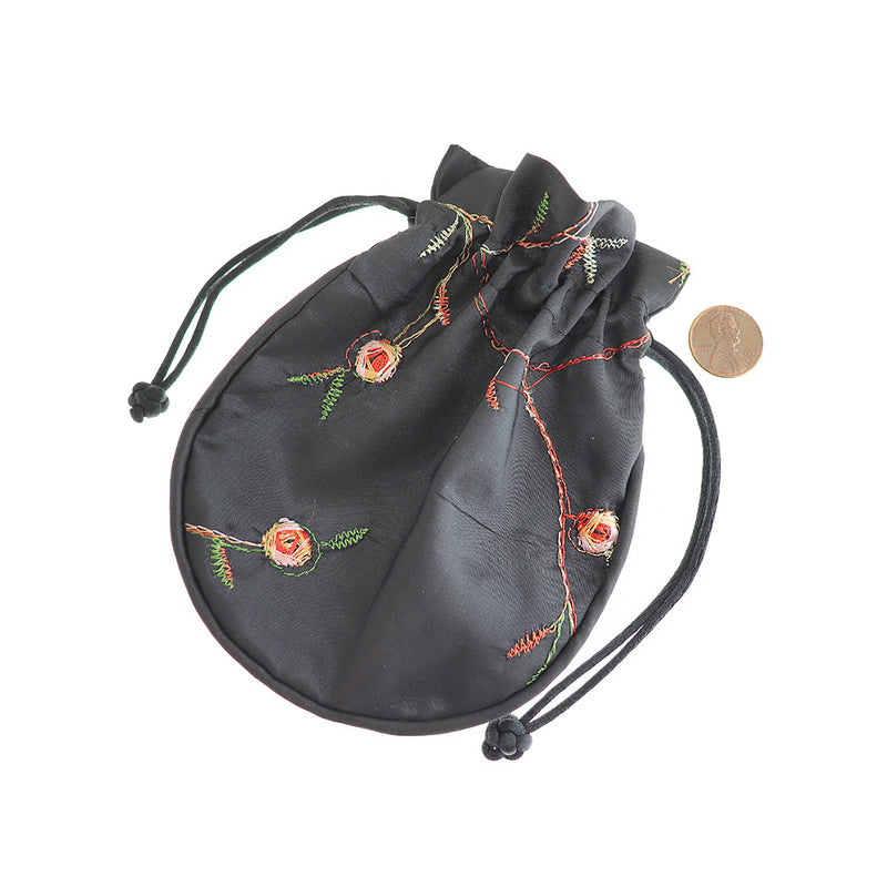 Drawstring Bag 14cm x 12cm Black Floral Jewelry Pouch - TL258