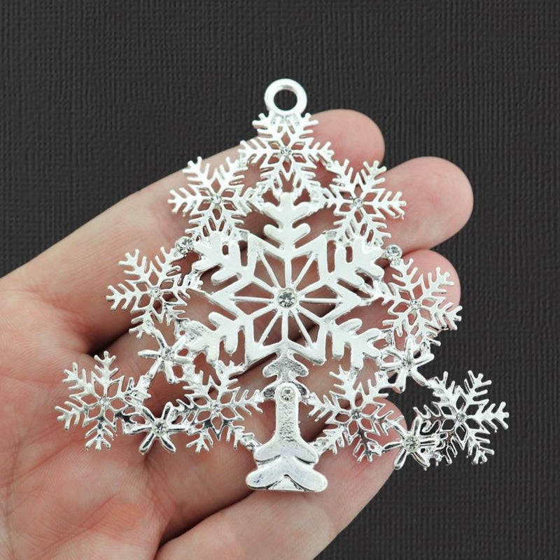Snowflake Christmas Tree Silver Tone Charm With Inset Rhinestones - SC3685
