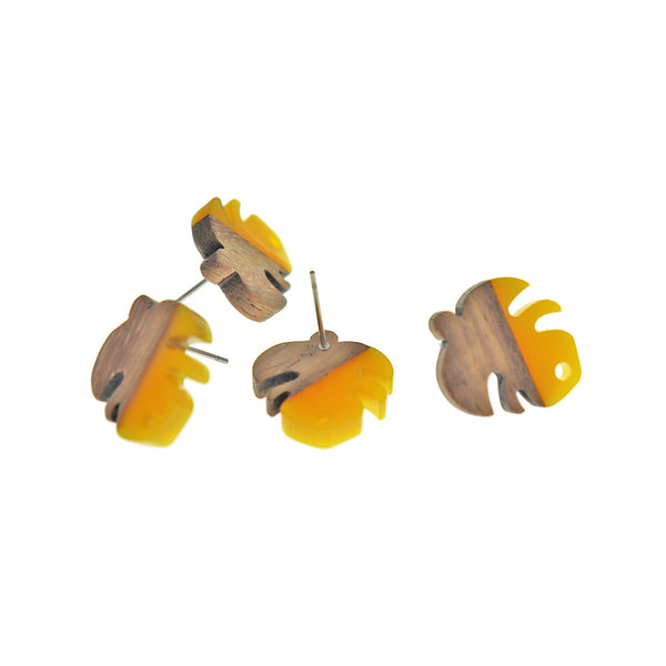 Boucles d'Oreilles Bois Acier Inoxydable - Clous Feuille Résine Jaune - 19.5mm x 17mm - 2 Pièces 1 Paire - ER771