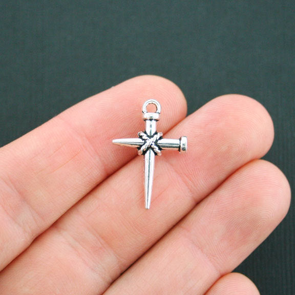 8 Stake Cross Antique Silver Tone Charms 2 Sided - SC4967