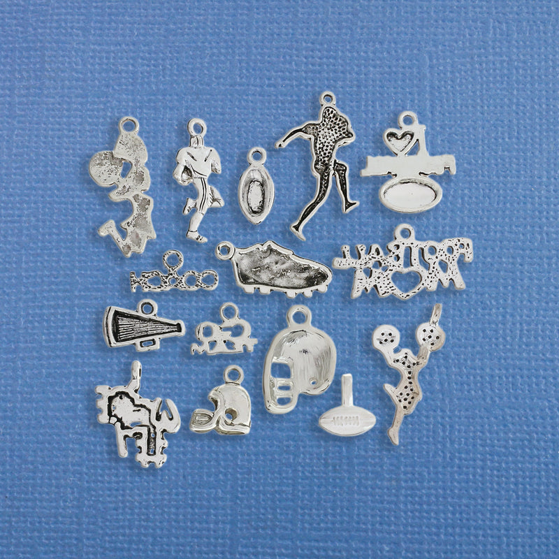 Deluxe Football Charm Collection Antique Silver Tone 15 Charms - COL244