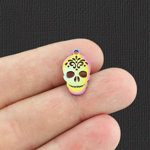 Floral Skull Rainbow Electroplated Stainless Steel Charm - SSP139