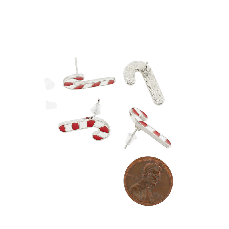 Silver Tone Stud Earrings - Enamel Candy Cane - 20mm x 11mm - 2 Pieces 1 Pair - ER515