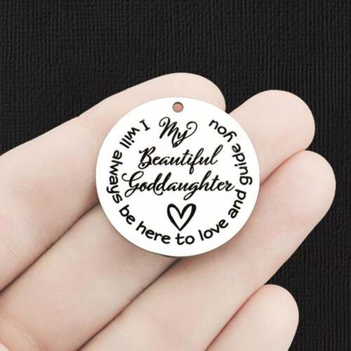 My Beautiful Goddaughter Stainless Steel 25mm Round Charms - Je serai toujours là pour vous aimer et vous guider - BFS009-6536