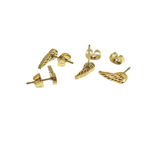 Gold Tone Stainless Steel Earrings - Angel Wing Studs - 12mm - 2 Pieces 1 Pair - ER867