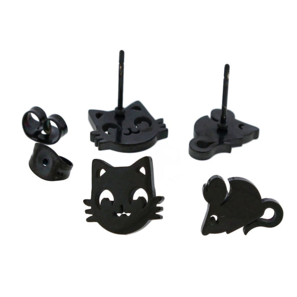 Boucles d'oreilles en acier inoxydable noir Gunmetal - clous de chat et de souris - 11 mm x 9 mm - 2 pièces 1 paire - ER602