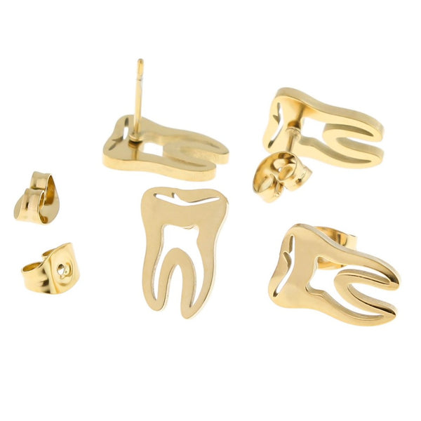 Gold Stainless Steel Earrings - Tooth Studs - 13mm x 9mm - 2 Pieces 1 Pair - ER398