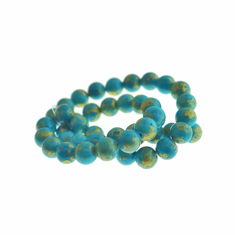 Round Natural Jade Beads 10mm - Blue and Gold Powder - 1 Strand 41 Beads - BD1754