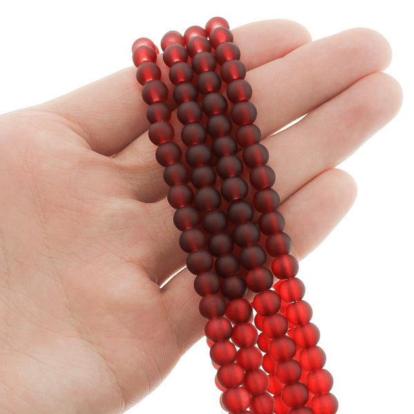 Round Glass Beads 6mm - Frosted Ruby Red - 1 Strand 140 Beads - BD2486