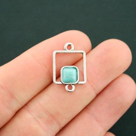 4 Turquoise Square Connector Antique Silver Tone Charms with Imitation Turquoise - SC6411