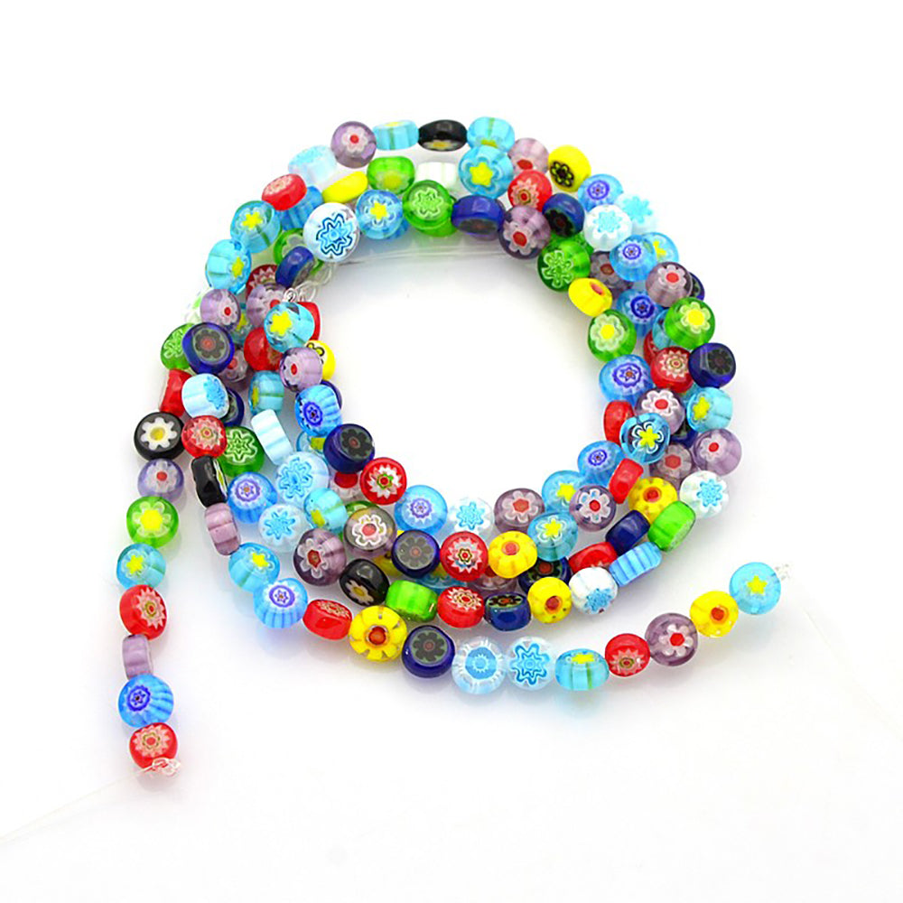 Flat Round Glass Beads Assorted Floral Millefiori 1 Strand Choos