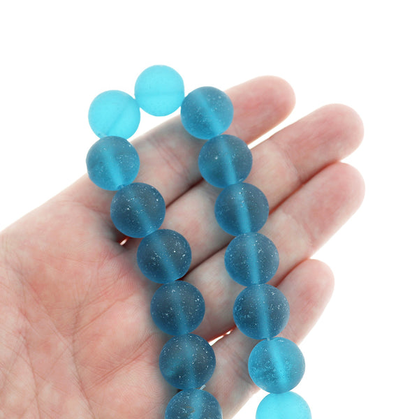 Round Cultured Sea Glass Beads 14mm - Frosted Teal - 1 Strand 15 Beads - U215