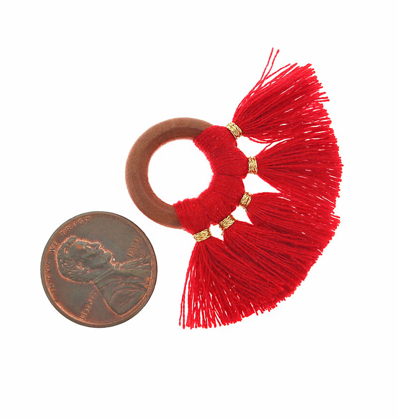 Fan Tassels - Natural Wood and Ruby Red - 2 Pieces - TSP030