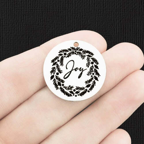 Joy Wreath Stainless Steel 25mm Round Charms - BFS009-6628