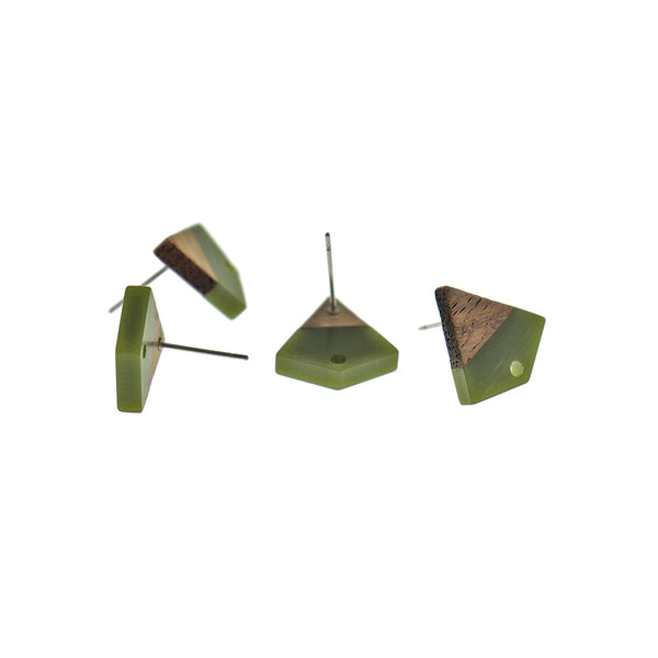 Wood Stainless Steel Earrings - Army Green Resin Kite Studs - 16mm x 15mm - 2 Pieces 1 Pair - ER727
