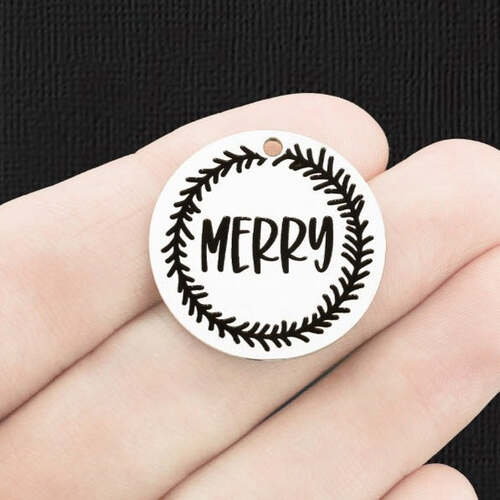 Merry Wreath Stainless Steel 25mm Round Charms - BFS009-6636