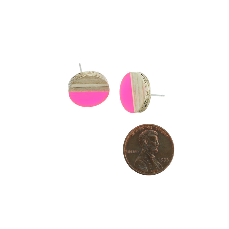 Wood Stainless Steel Earrings - Pink Resin Round Studs - 15mm - 2 Pieces 1 Pair - ER109