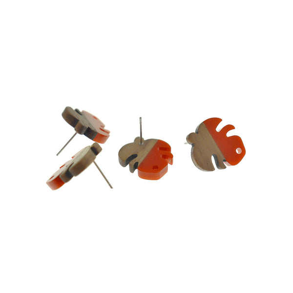 Wood Stainless Steel Earrings - Burnt Orange Resin Leaf Studs - 19.5mm x 17mm - 2 Pieces 1 Pair - ER758