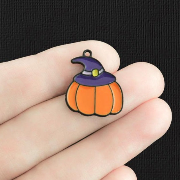2 Pumpkin Black Enamel Charms - E1328