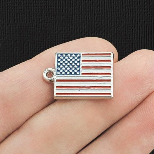 2 American Flag Silver Tone Enamel Charms - E1099