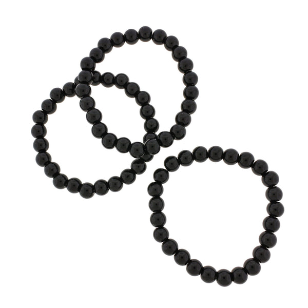 Round Glass Bead Bracelets - 58mm - Polished Black - 5 Bracelets - BB045