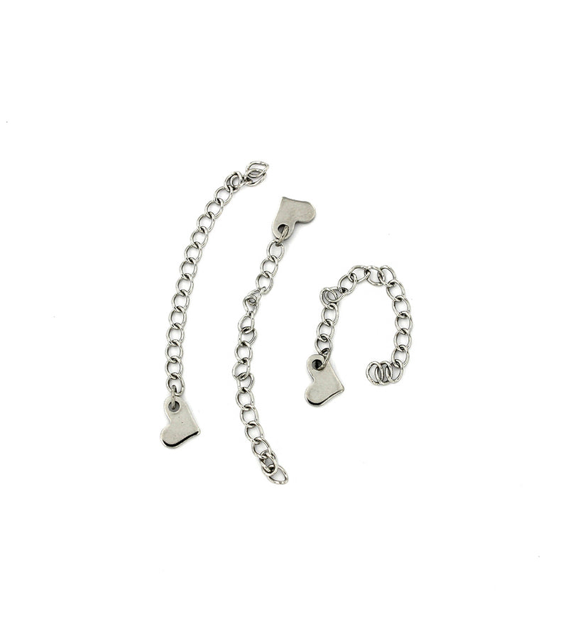 Silver Tone Extender Chains With Heart Drop - 60mm x 3.0mm - 4 Pieces - FD338