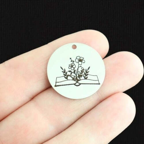 Floral Book Stainless Steel 25mm Round Charms - BFS009-6755