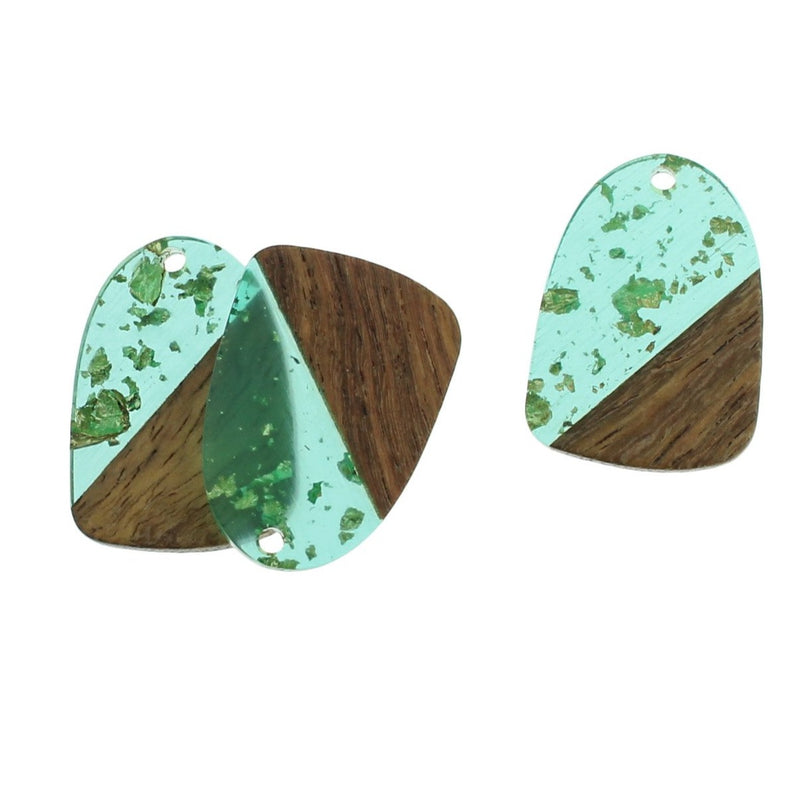 2 Drop Natural Wood and Turquoise and Gold Resin Charms 28mm - WP279