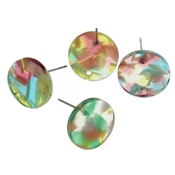 Resin Stainless Steel Earrings - Rainbow Swirl Studs With Hole - 15.5mm x 2.5mm - 2 Pieces 1 Pair - ER486