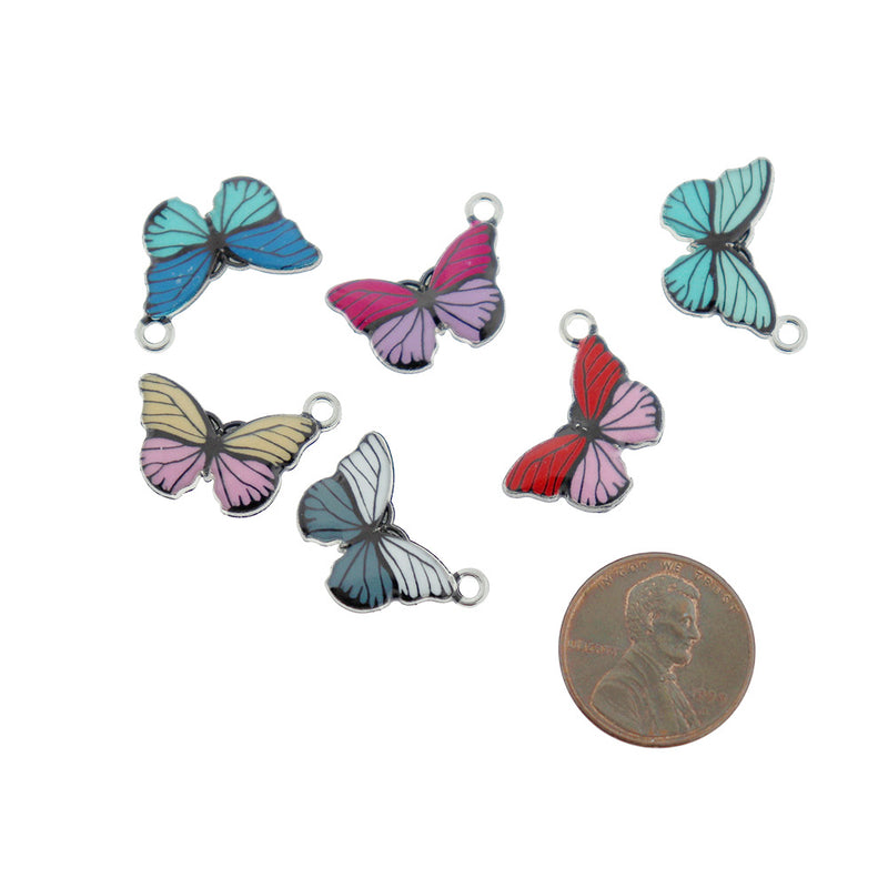 Assortiment de 4 breloques papillon en émail argenté - E969