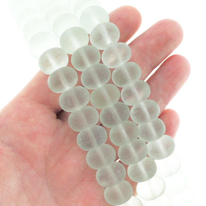 Rondelle Cultured Sea Glass Beads 10mm x 6mm - Frosted Light Green - 1 Strand 18 Beads - U081