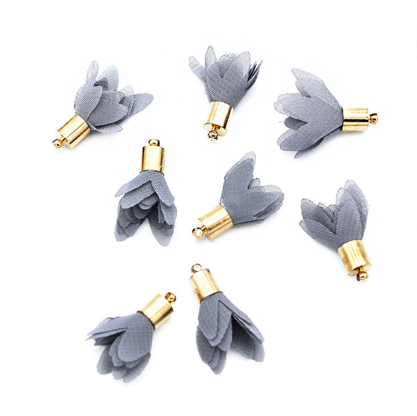 Chiffon Flower Blossom Tassel 29mm - Dove Grey and Gold Tone - 6 Pieces - TSP171